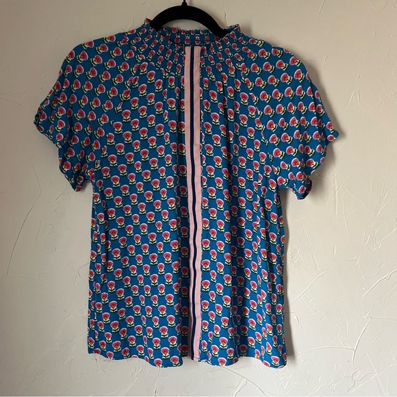 THML Tops - THML Blue Floral Top with Smocked Neck Size M